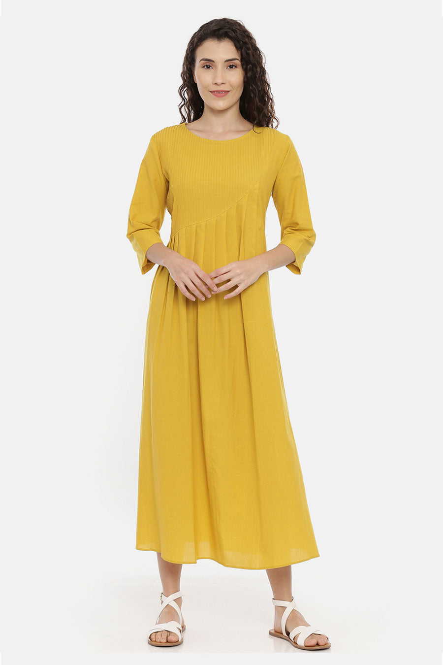 Mustard Cotton Pleated Dress