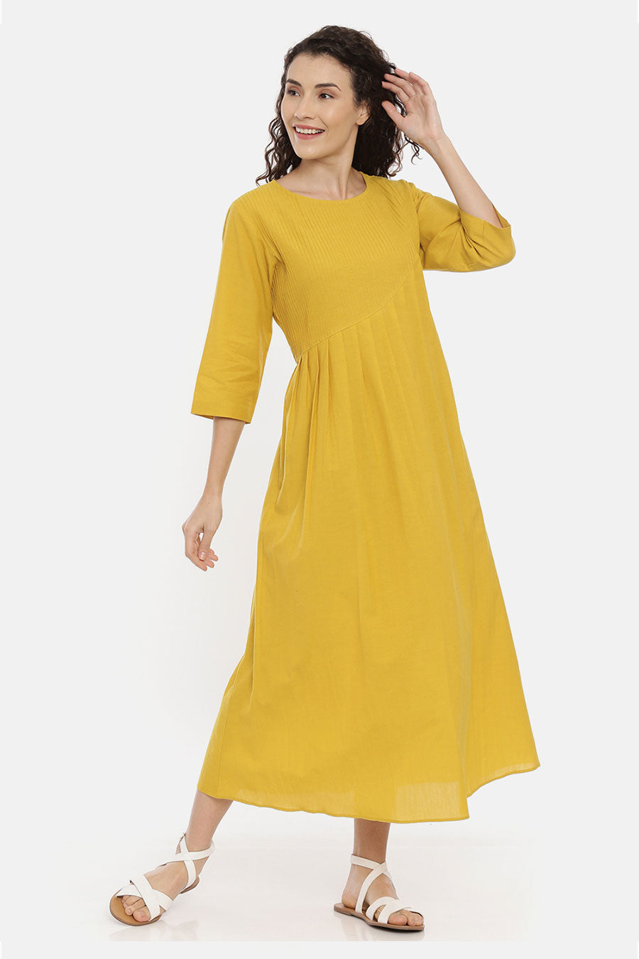 Mustard Cotton Pleated Dress