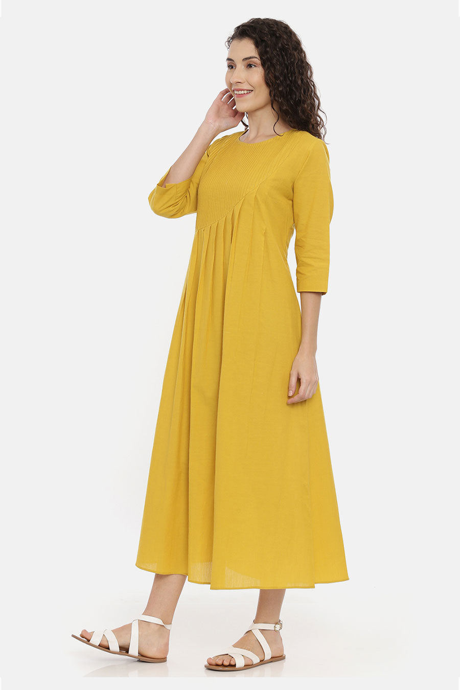 Mustard Cotton Pleated Dress