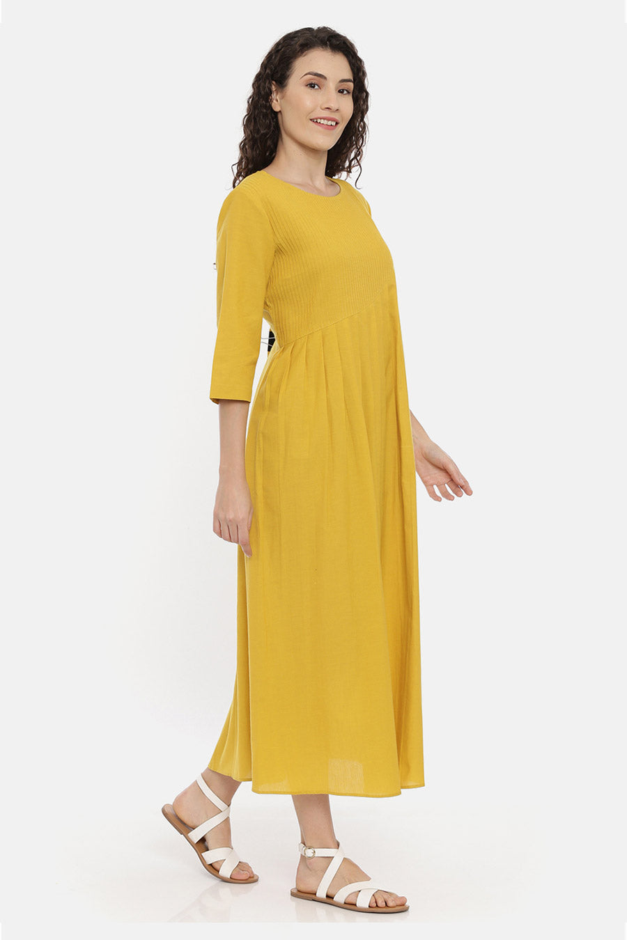 Mustard Cotton Pleated Dress