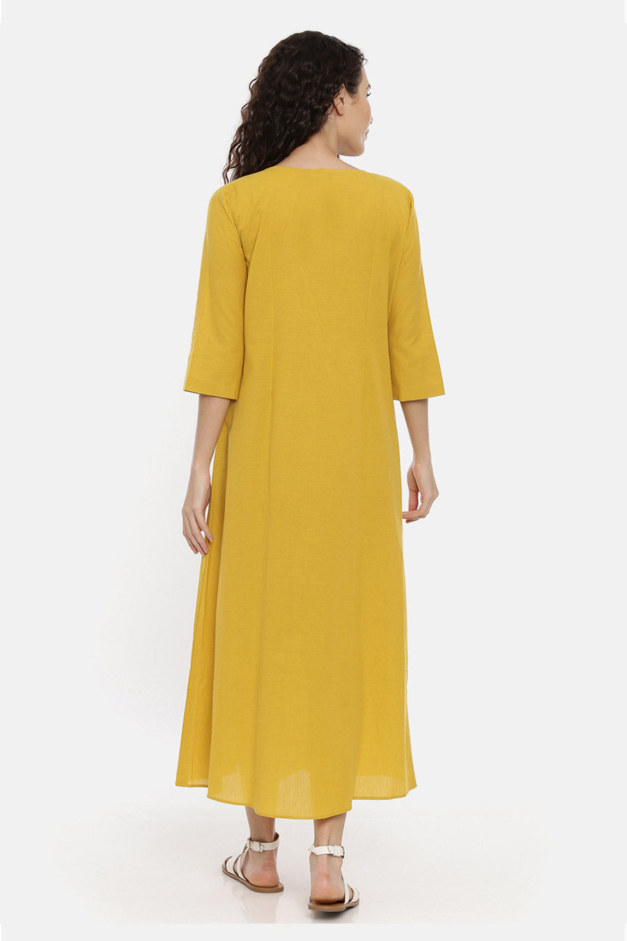 Mustard Cotton Pleated Dress