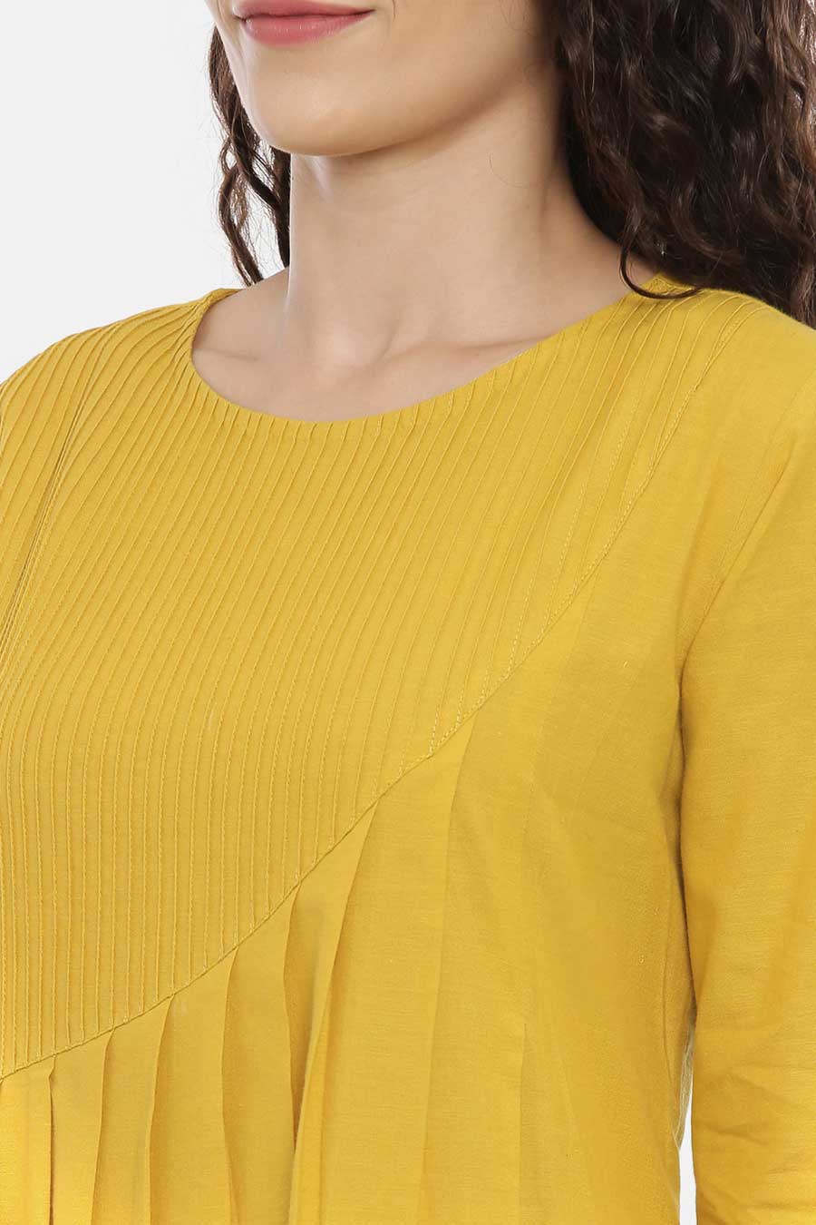 Mustard Cotton Pleated Dress