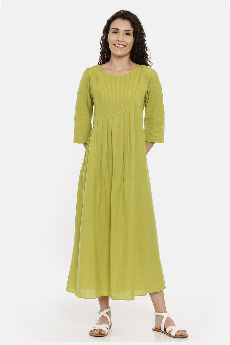 Green Cotton Pleated Dress
