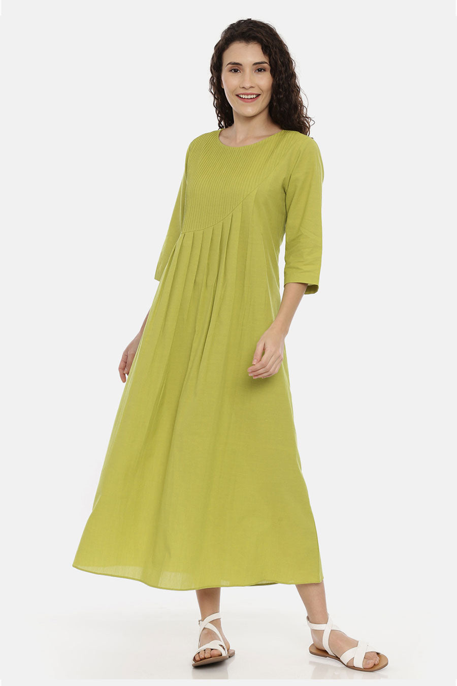 Green Cotton Pleated Dress