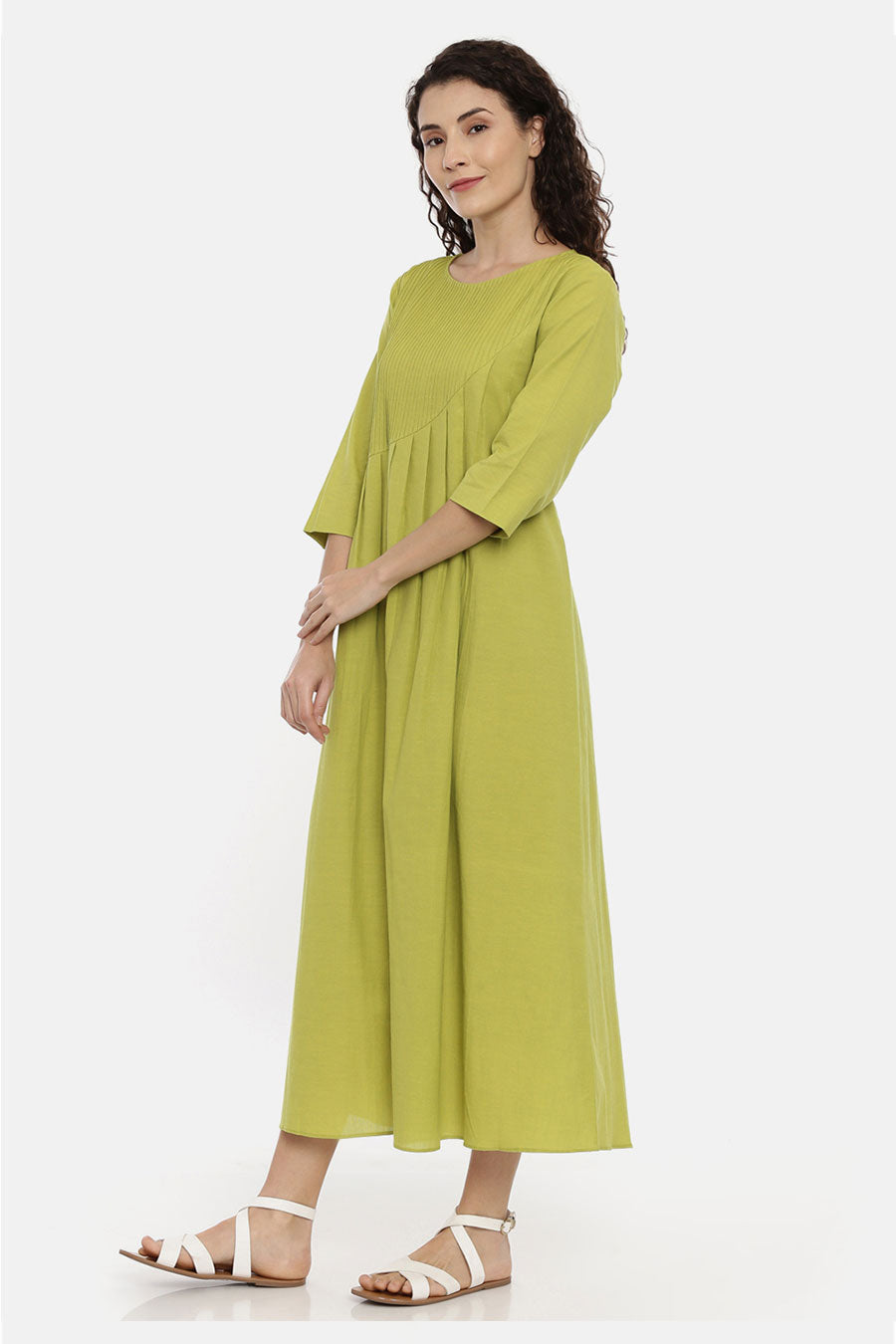 Green Cotton Pleated Dress