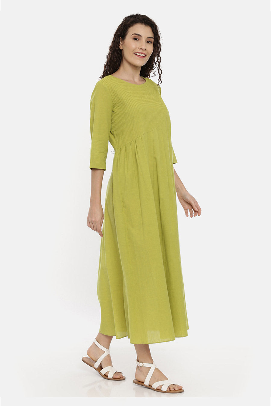 Green Cotton Pleated Dress