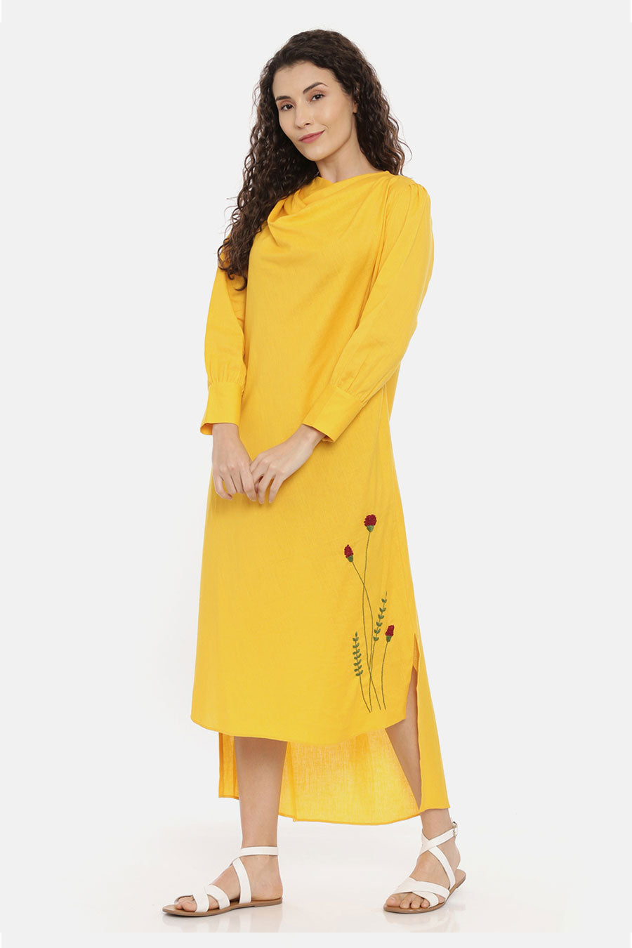 Yellow High-Low Cowl Midi Dress