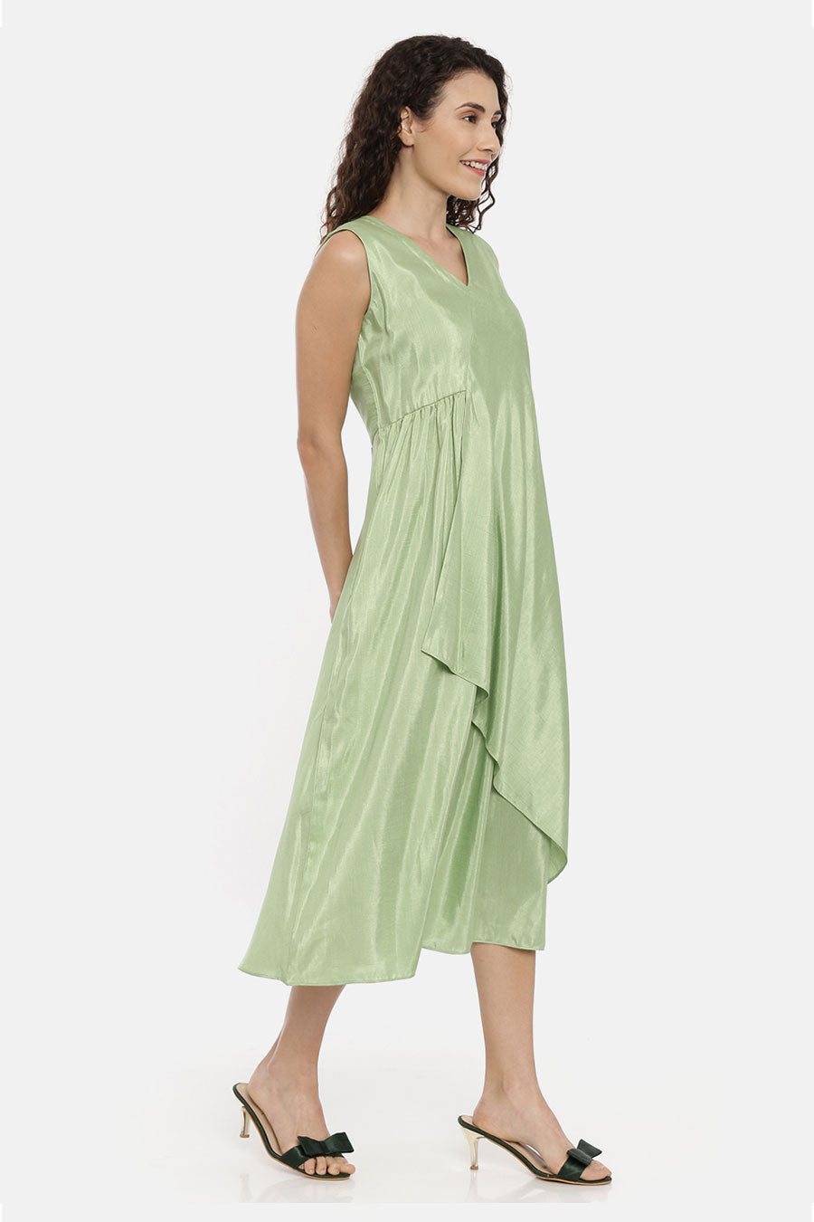 Green Asymmetrical Drape Dress