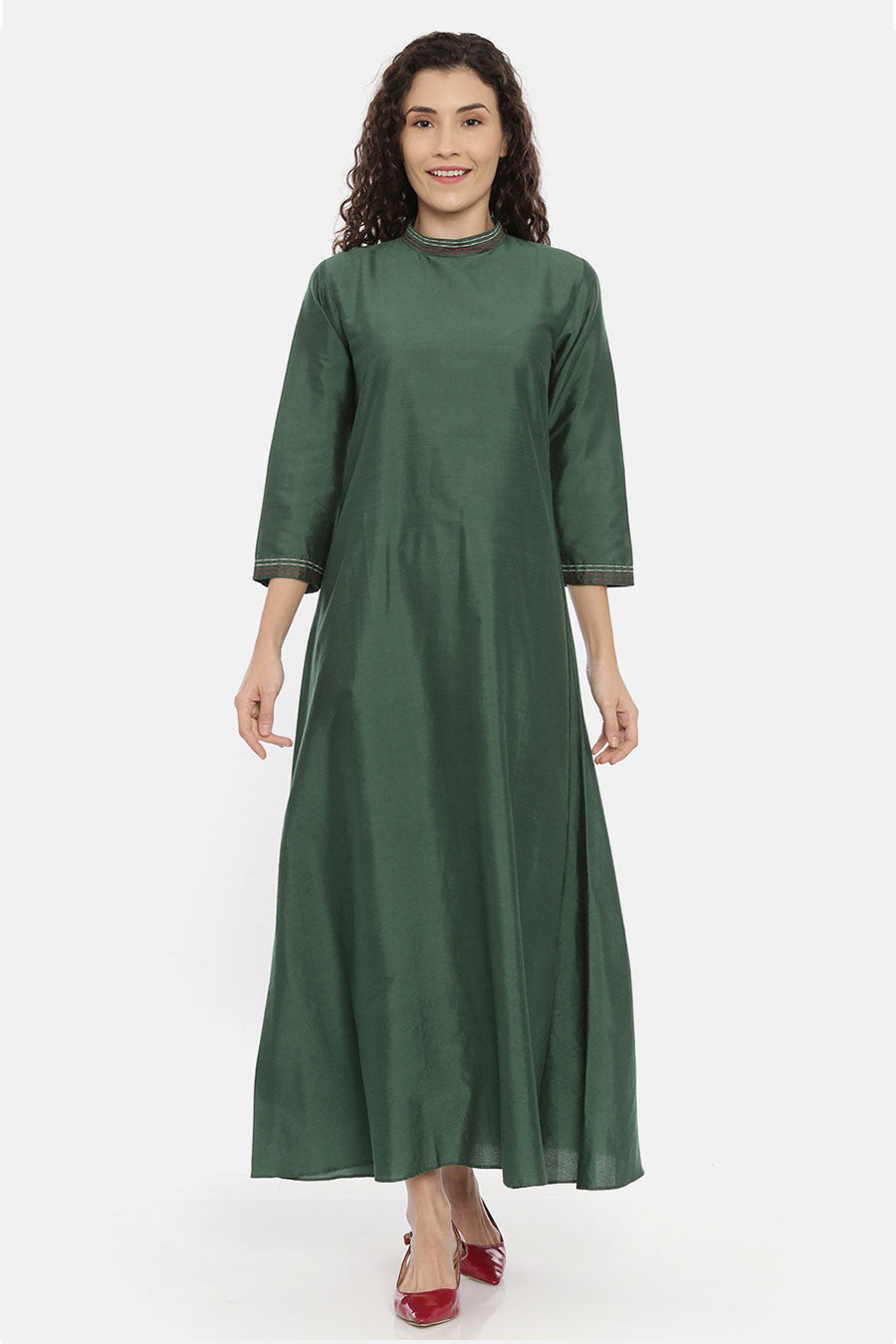 Green A-Line Embroidered Dress