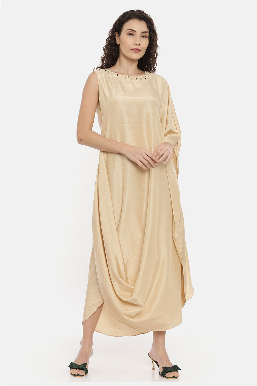 Beige One Sleeve Cowl Drape Dress