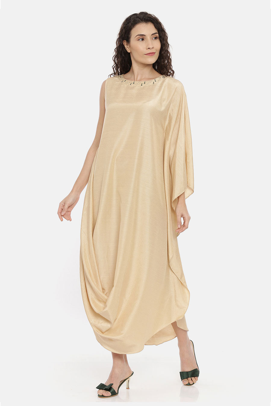 Beige One Sleeve Cowl Drape Dress