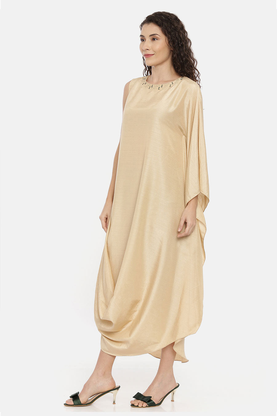 Beige One Sleeve Cowl Drape Dress