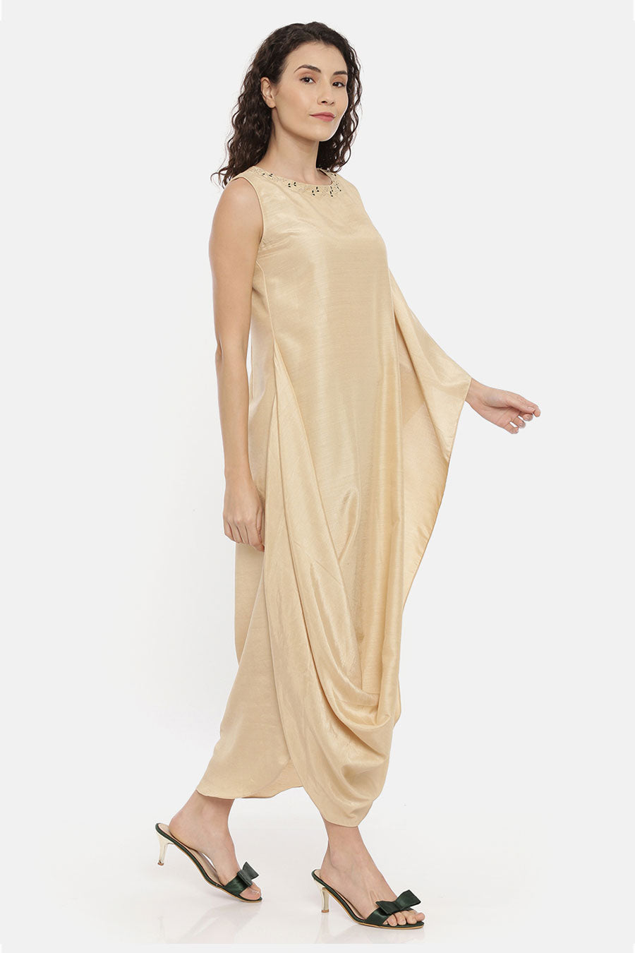 Beige One Sleeve Cowl Drape Dress