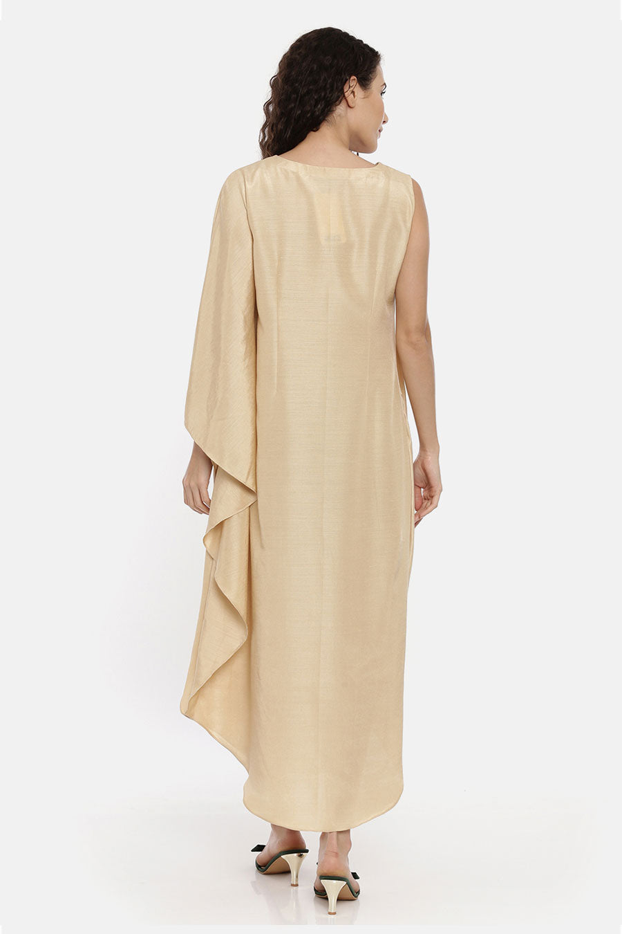 Beige One Sleeve Cowl Drape Dress