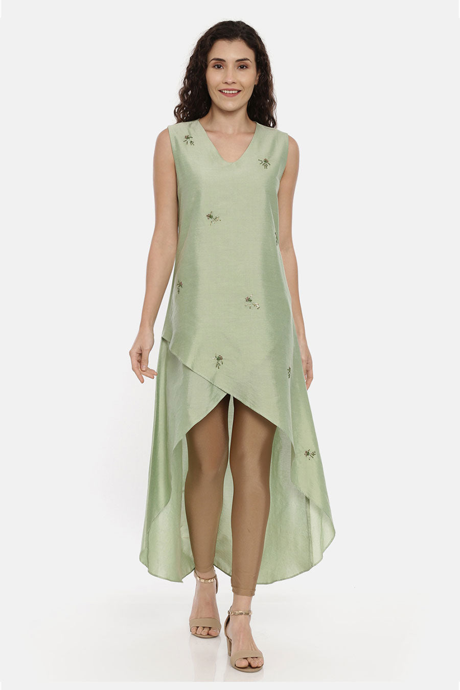 Green Embroidered Asymmetrical Dress