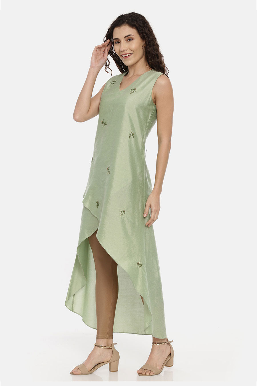 Green Embroidered Asymmetrical Dress