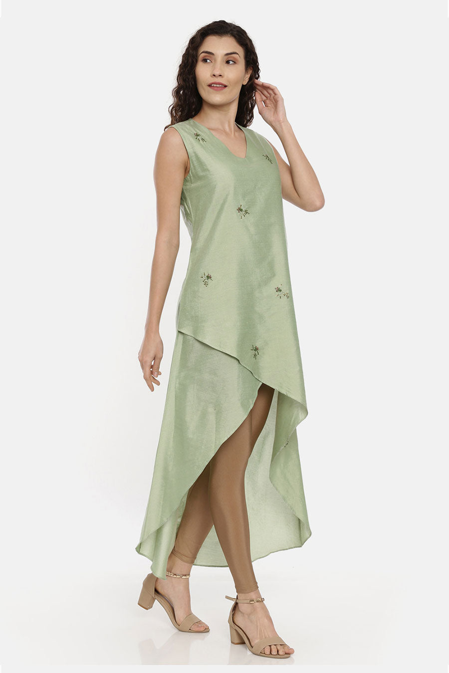 Green Embroidered Asymmetrical Dress