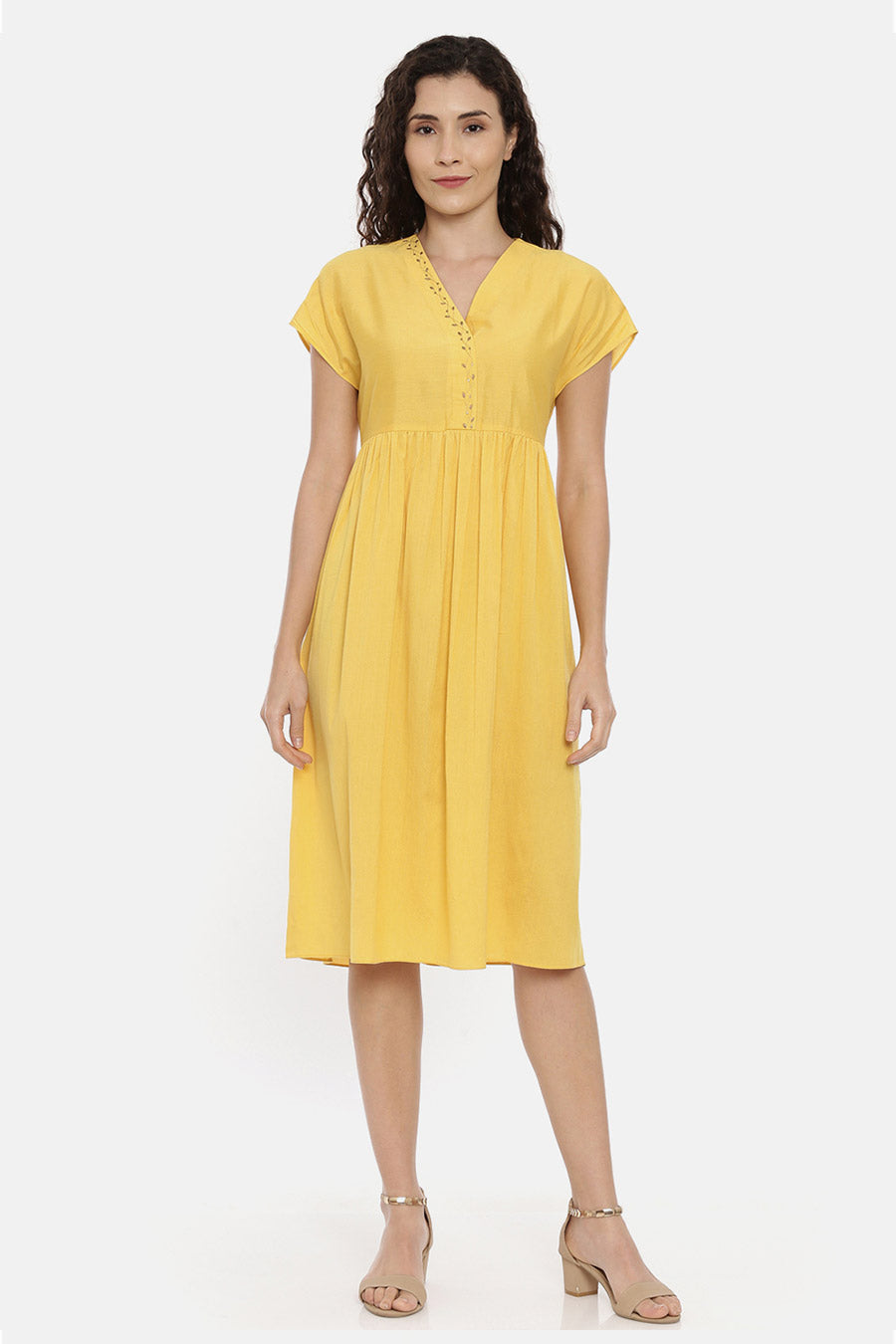 Yellow Drop Shoulder Embroidered Dress