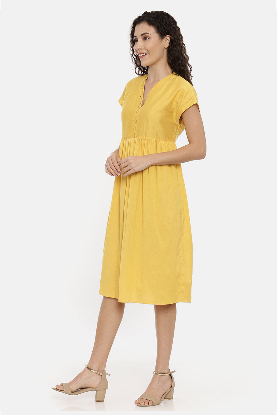 Yellow Drop Shoulder Embroidered Dress