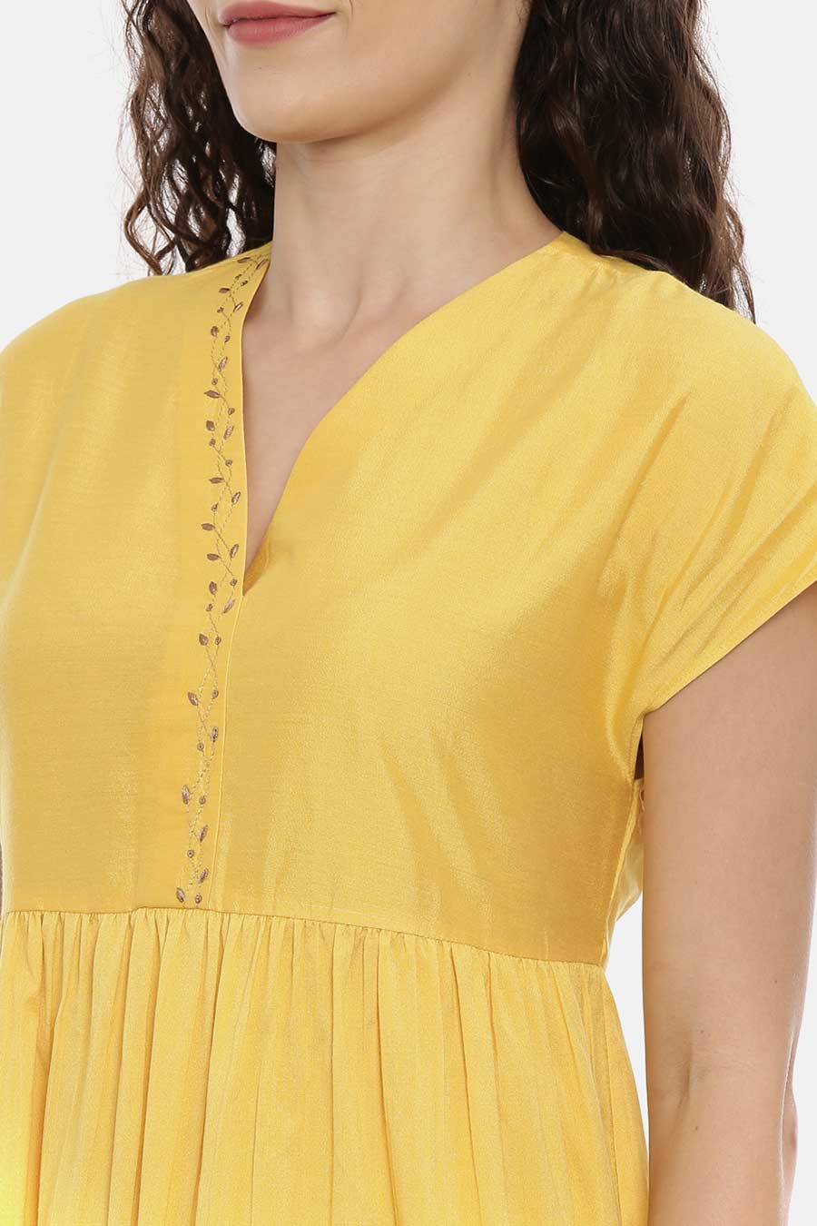 Yellow Drop Shoulder Embroidered Dress