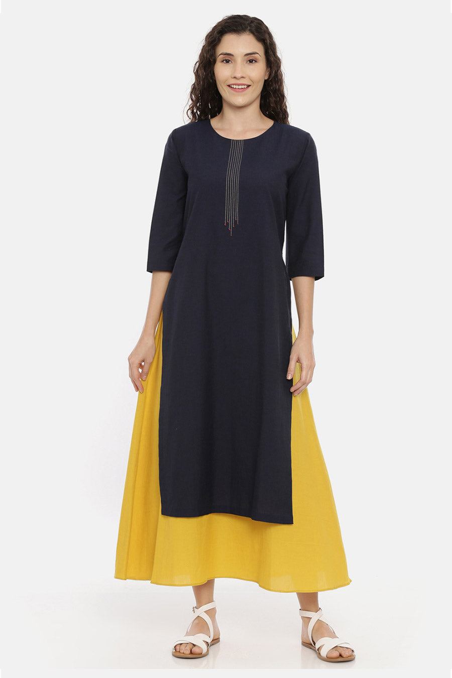 Blue Mustard Layered Embroidered Dress