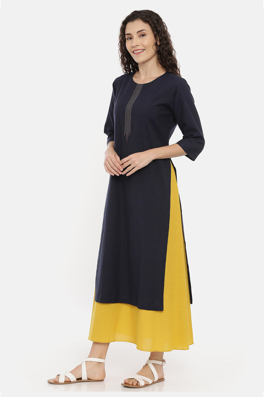 Blue Mustard Layered Embroidered Dress