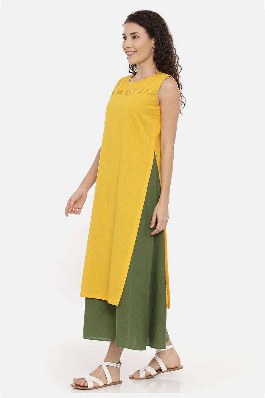 Yellow Green Layered Embroidered Dress