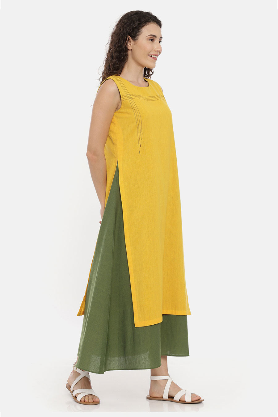 Yellow Green Layered Embroidered Dress