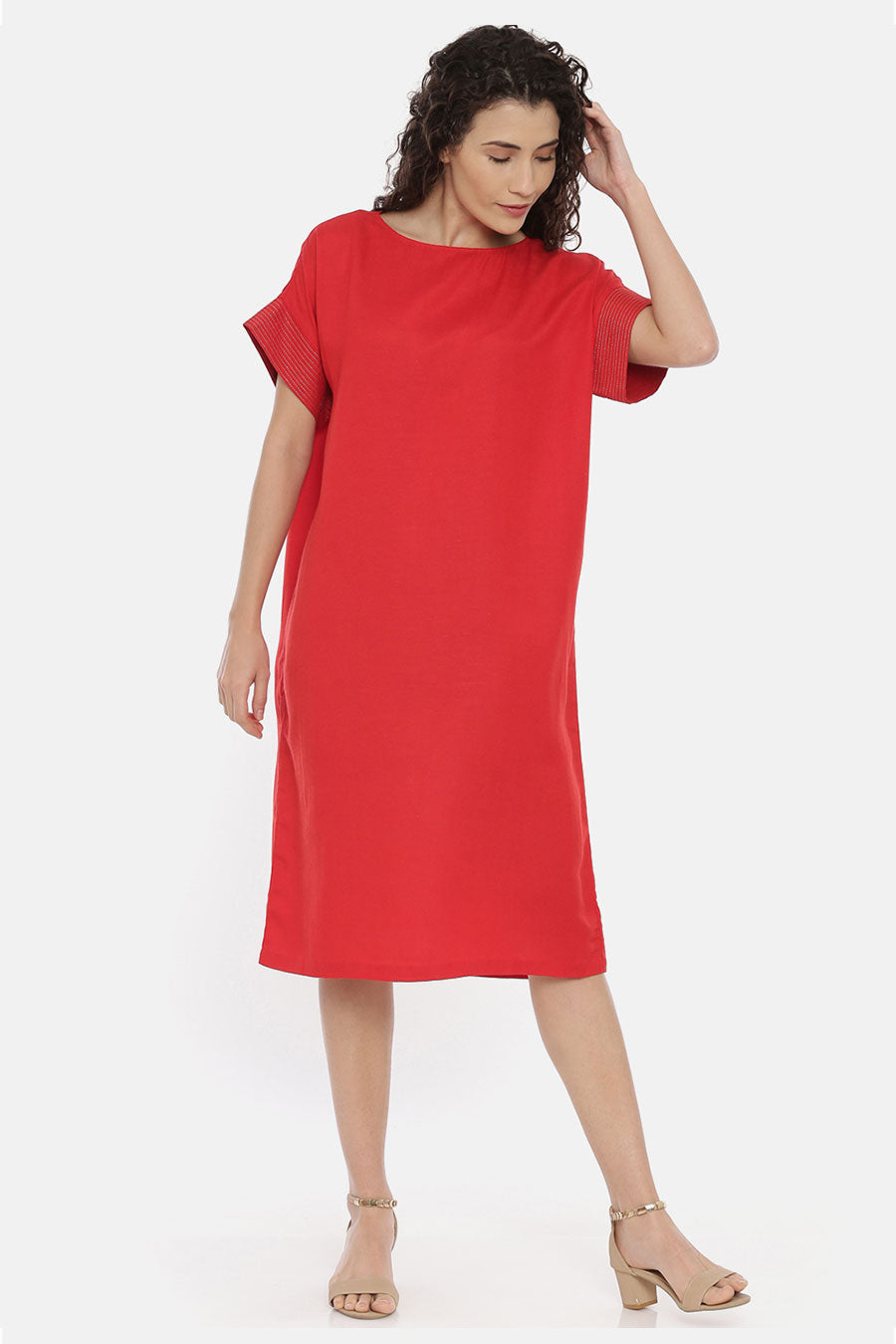 Red Straight Cut Embroidered Dress