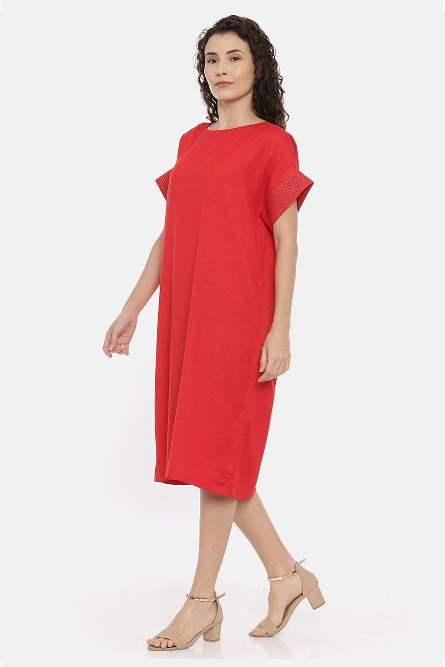 Red Straight Cut Embroidered Dress