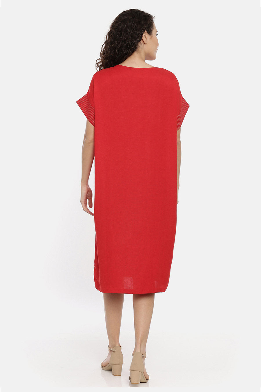 Red Straight Cut Embroidered Dress
