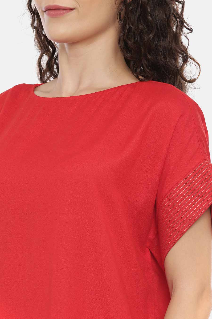 Red Straight Cut Embroidered Dress
