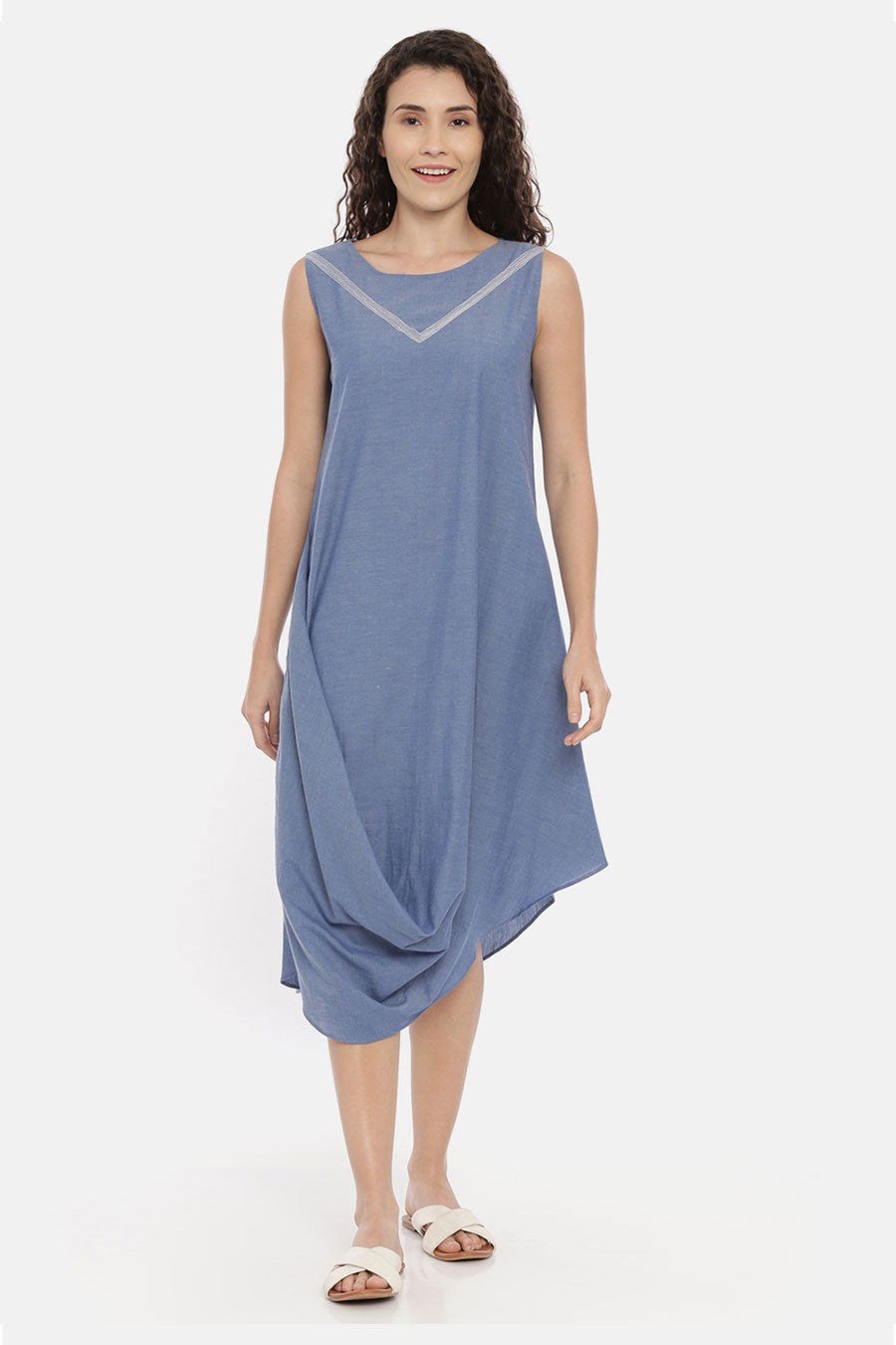 Blue Denim Cotton Cowl Drape Dress