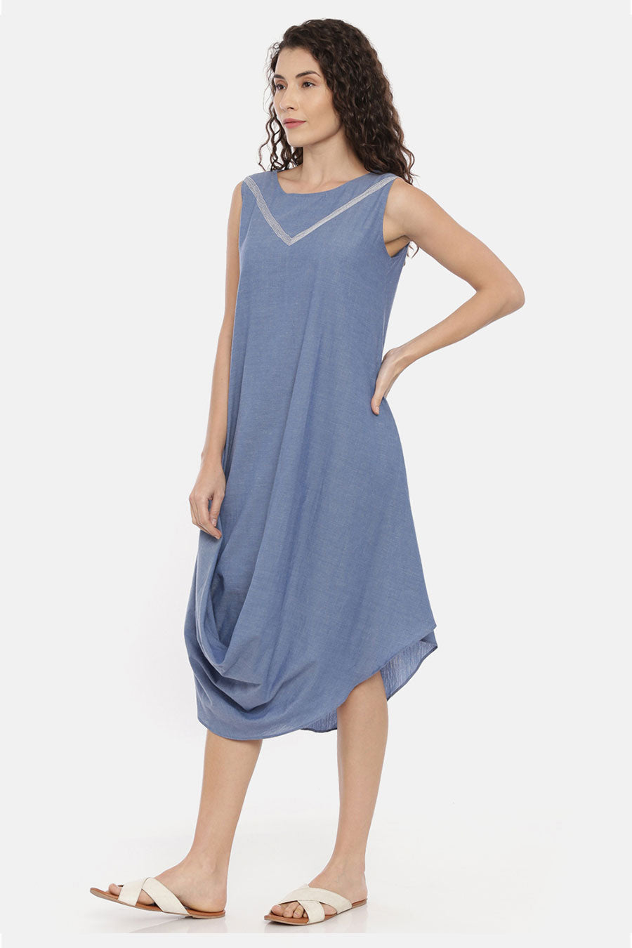 Blue Denim Cotton Cowl Drape Dress