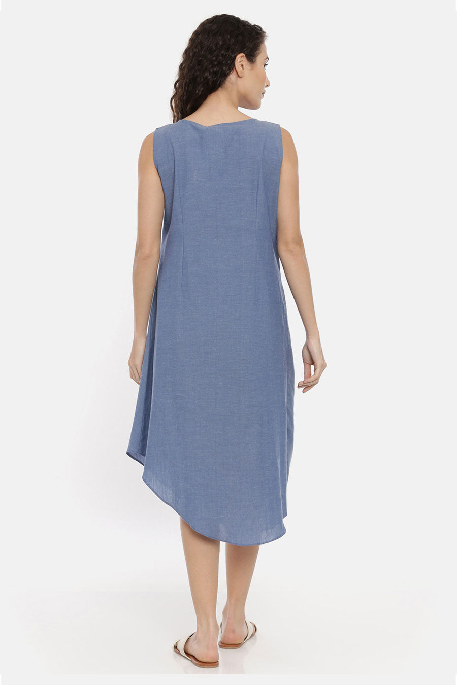 Blue Denim Cotton Cowl Drape Dress