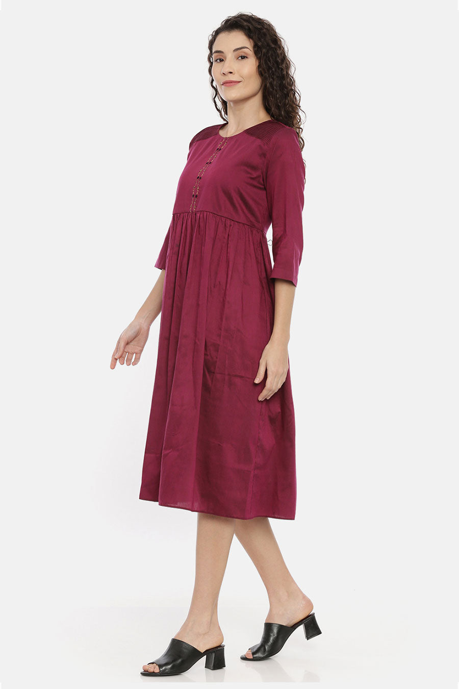 Wine Garthered Embroidered Dress
