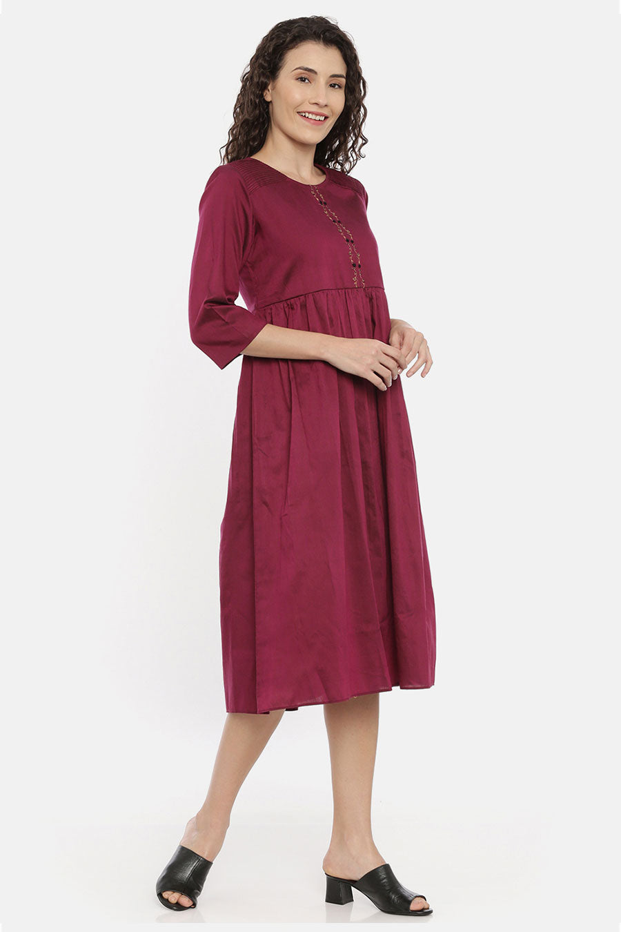 Wine Garthered Embroidered Dress