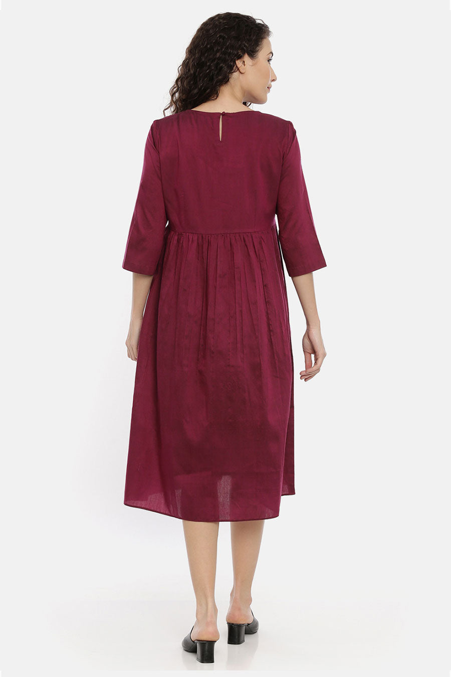 Wine Garthered Embroidered Dress