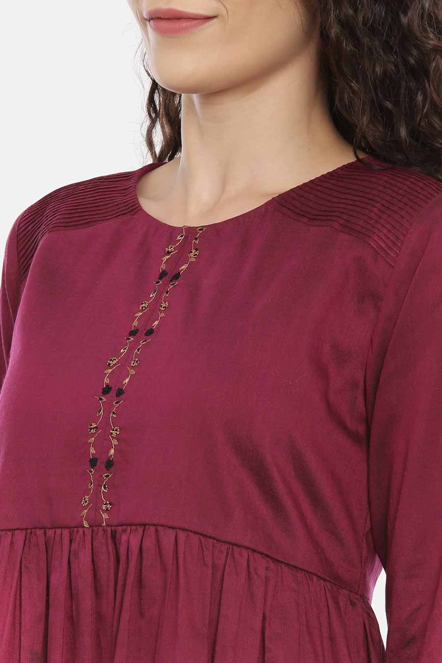 Wine Garthered Embroidered Dress