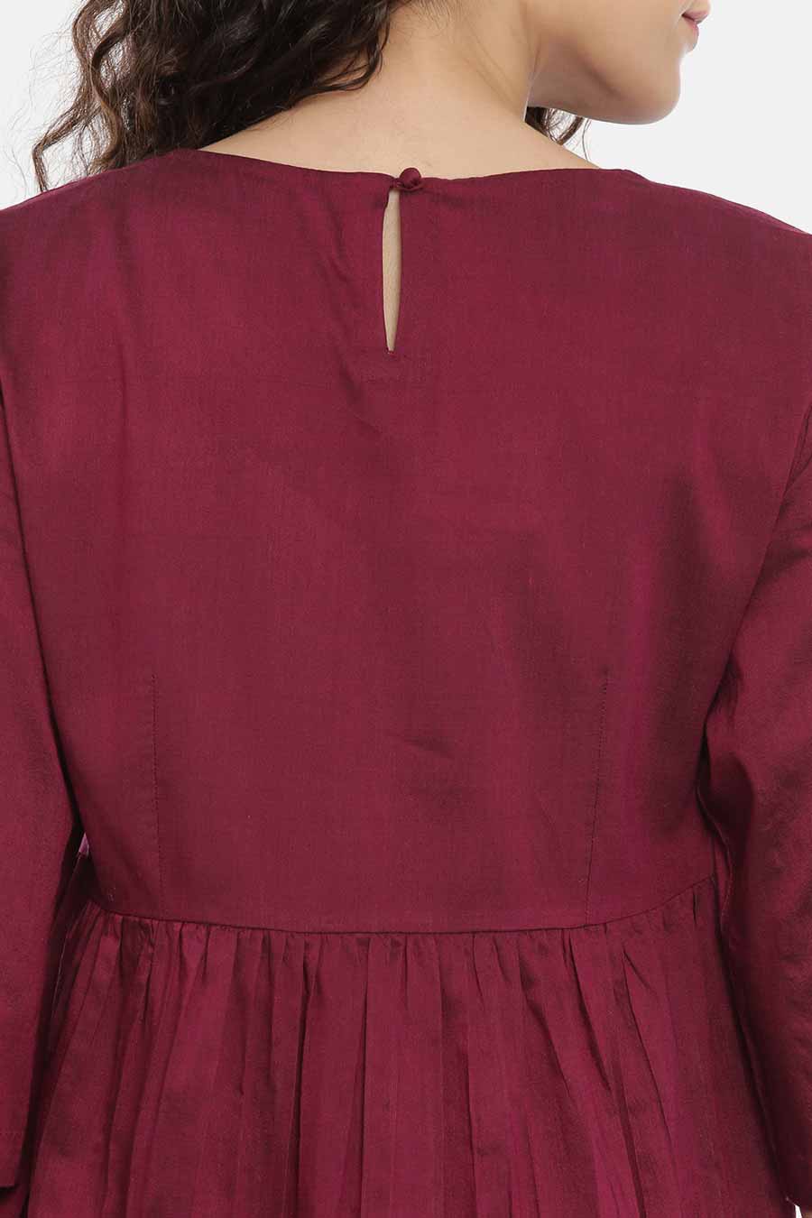 Wine Garthered Embroidered Dress