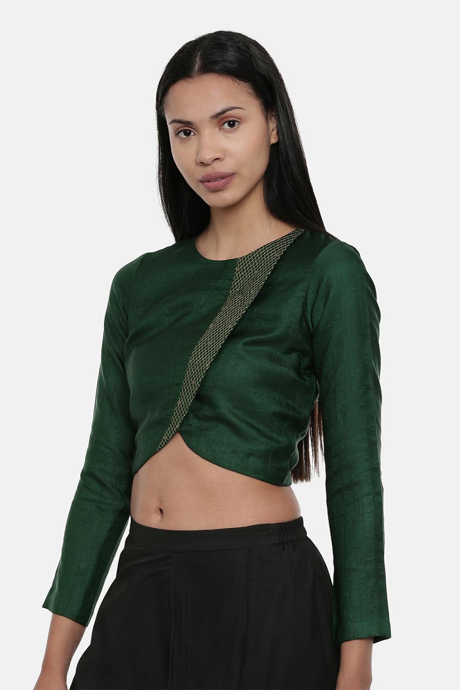 Bottle Green Long Silk Blouse