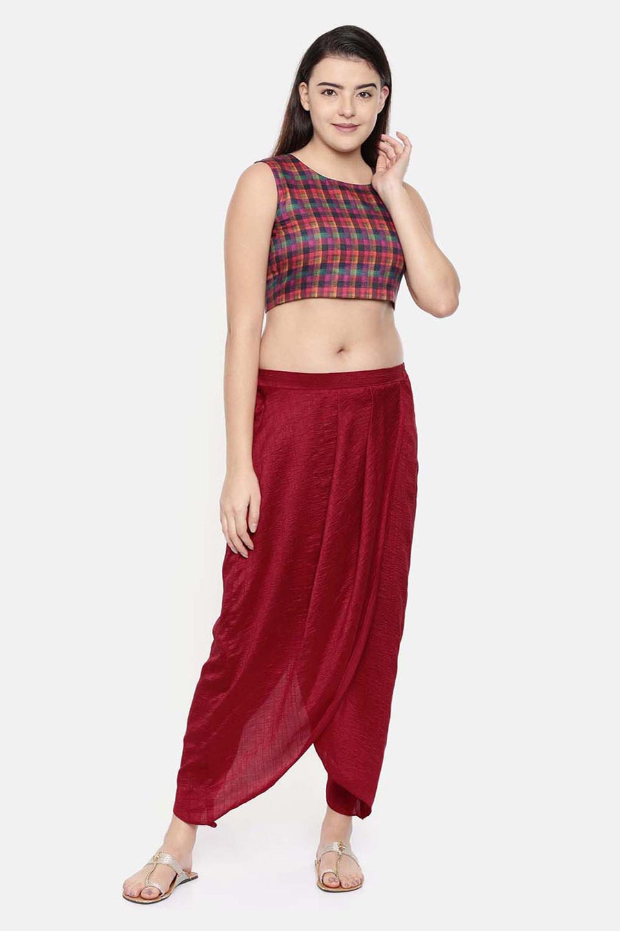 Red Crushed Silk Pleated Dhoti Pants
