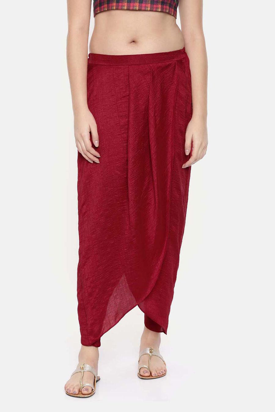 Red Crushed Silk Pleated Dhoti Pants
