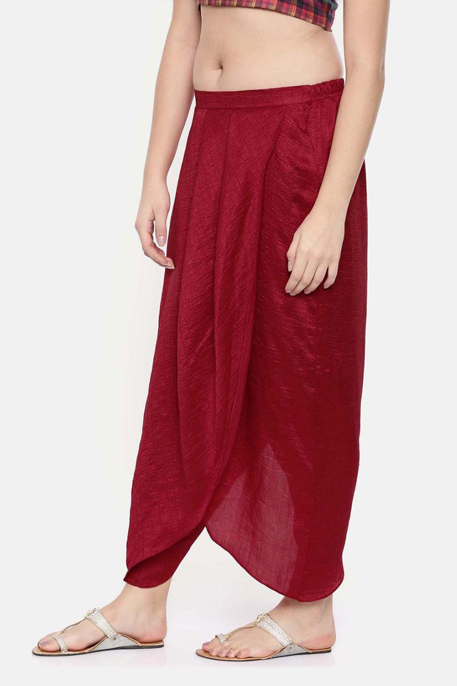 Red Crushed Silk Pleated Dhoti Pants