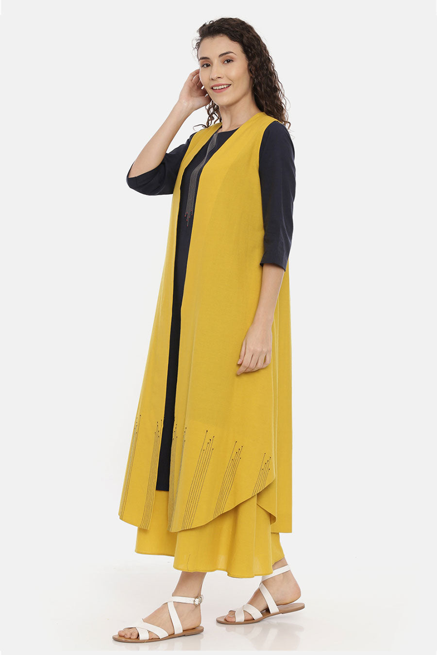 Mustard Embroidered Long Open Jacket