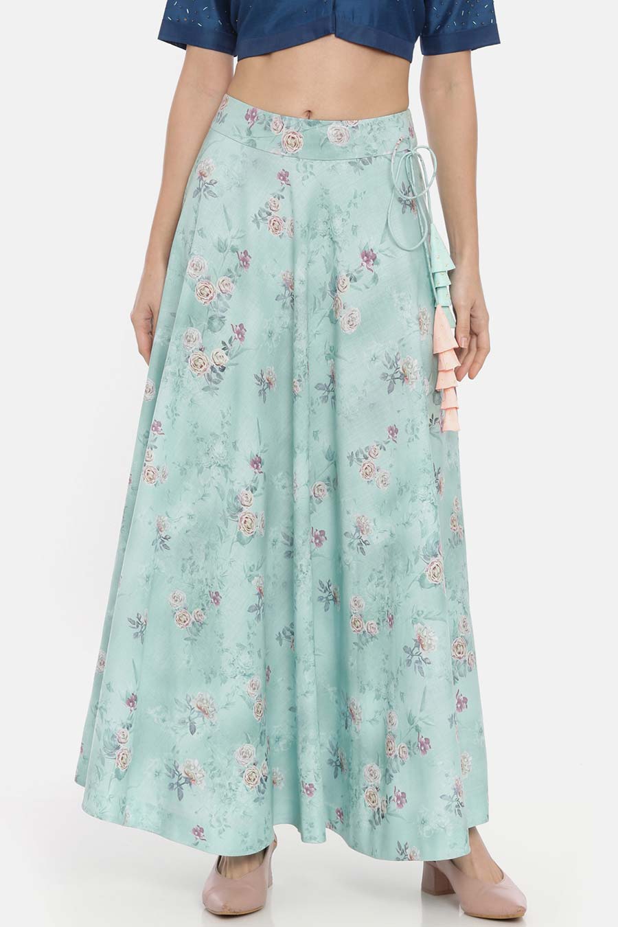 Floral Mint Linen Lehenga Skirt