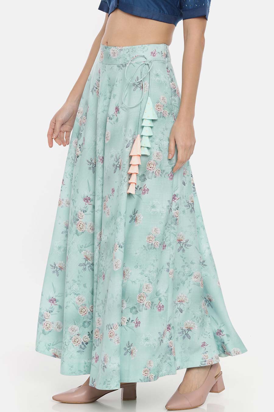Floral Mint Linen Lehenga Skirt