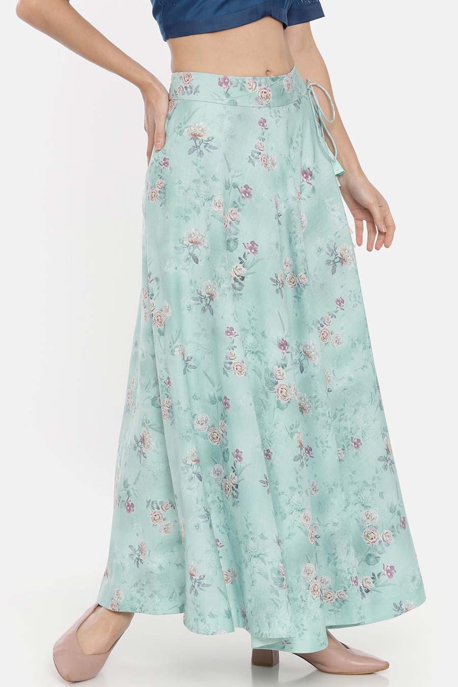 Floral Mint Linen Lehenga Skirt