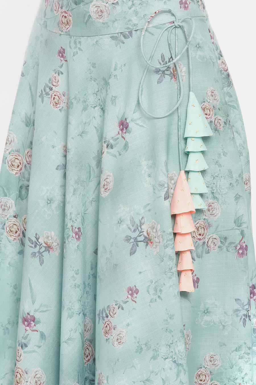 Floral Mint Linen Lehenga Skirt