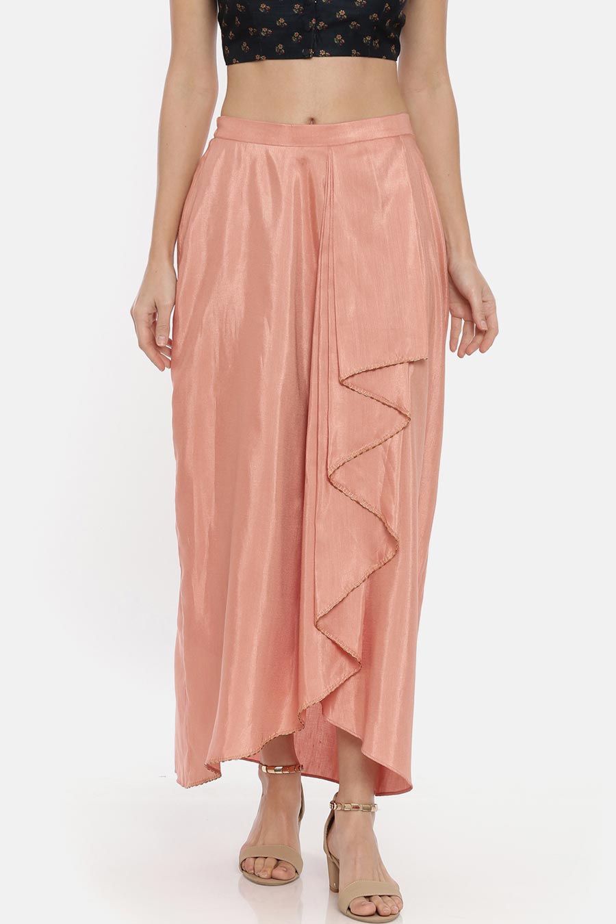 Peach Silk Linen Pleated Drape Skirt